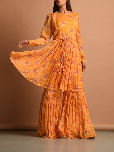 Mango Yellow Chiffon Printed Sharara Set