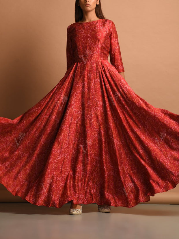 Brick Red Bandhani Silk Anarkali Gown