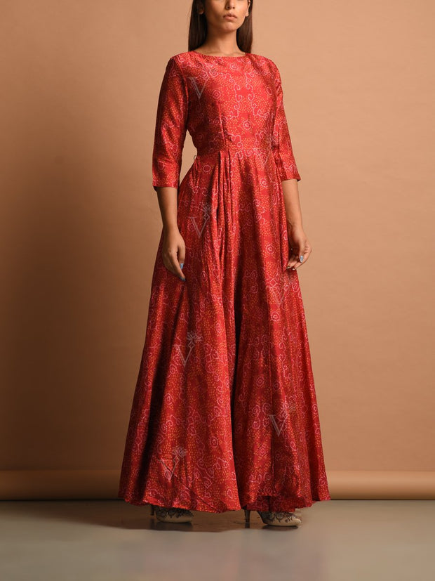 Brick Red Bandhani Silk Anarkali Gown