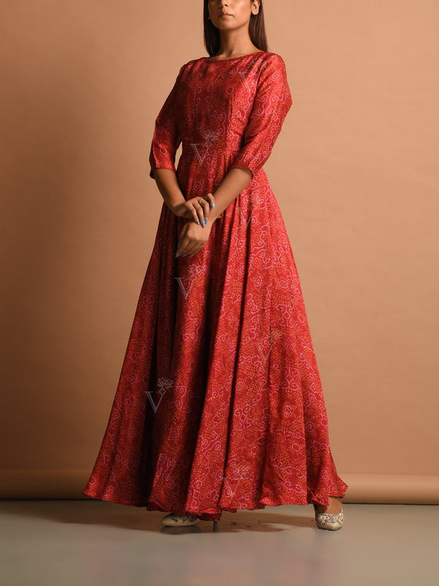 Brick Red Bandhani Silk Anarkali Gown