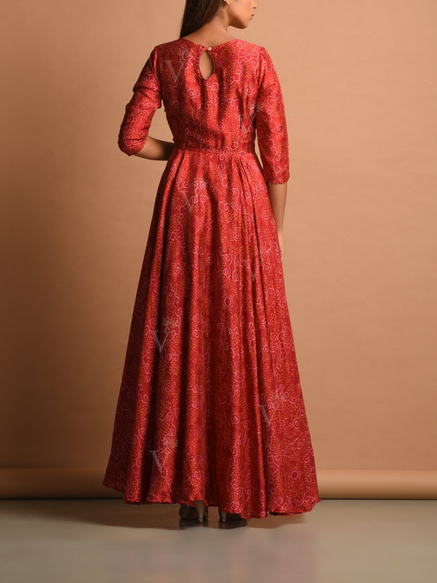 Brick Red Bandhani Silk Anarkali Gown