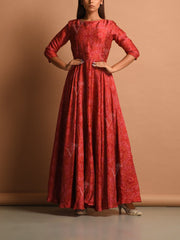 Brick Red Bandhani Silk Anarkali Gown