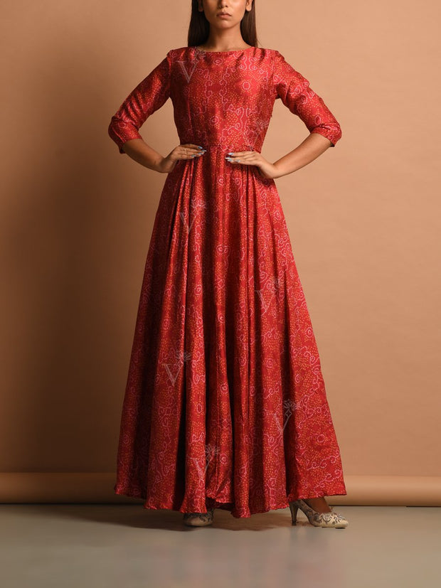 Brick Red Bandhani Silk Anarkali Gown