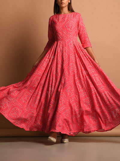 Pink Bandhani Silk Anarkali Gown