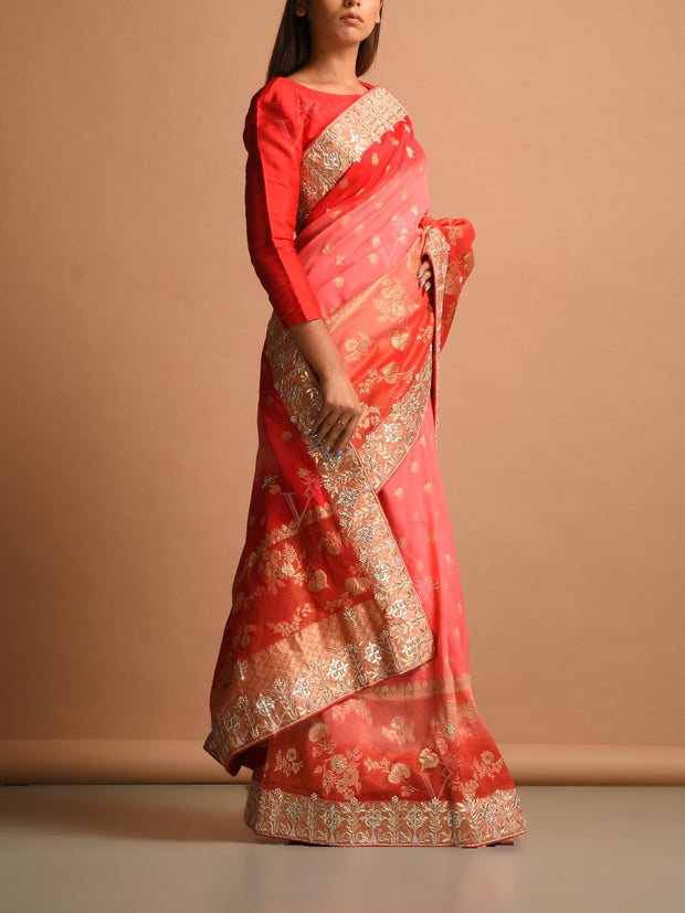 Peach Georgette Gota Patti Saree