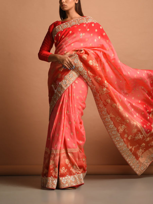 Peach Georgette Gota Patti Saree