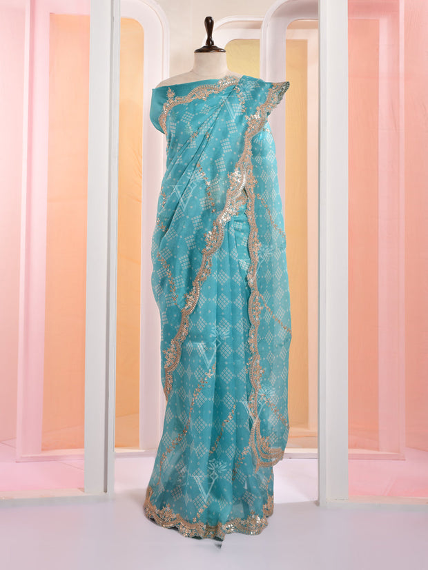 Firozi Organza Gotta Patti Saree