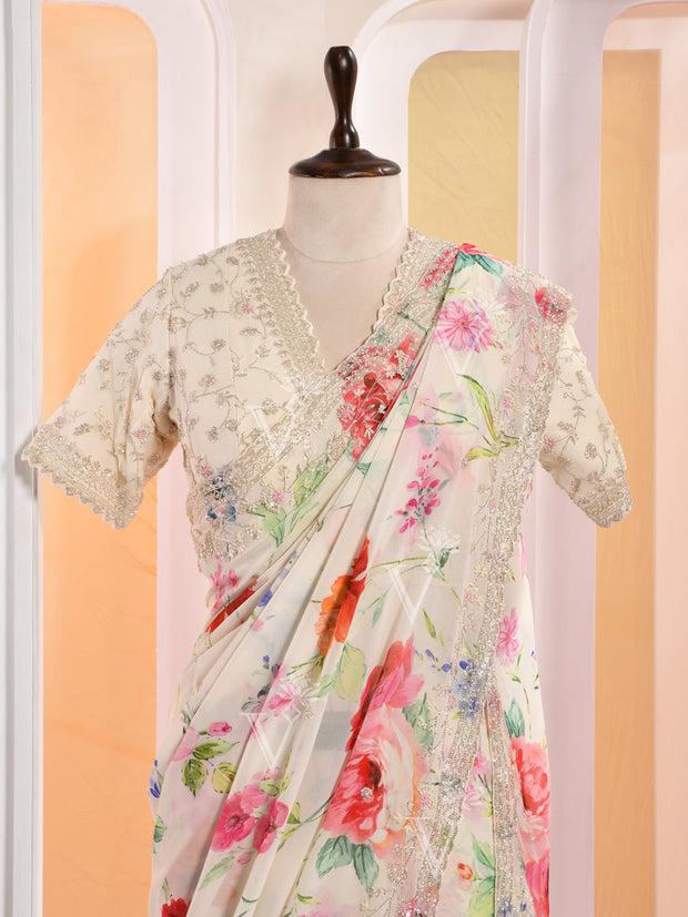 Floral Print Georgette Gotta Patti Saree