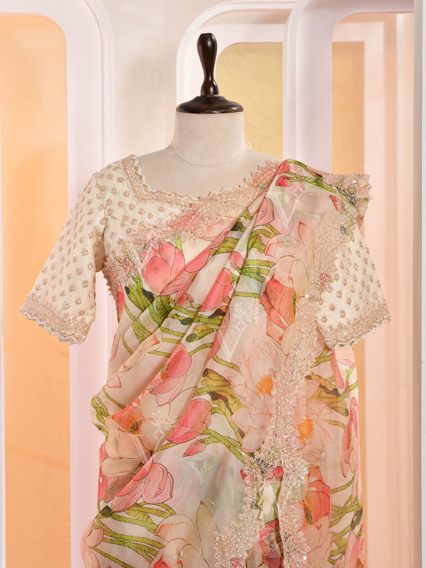 Floral Print Organza Gotta Patti Saree