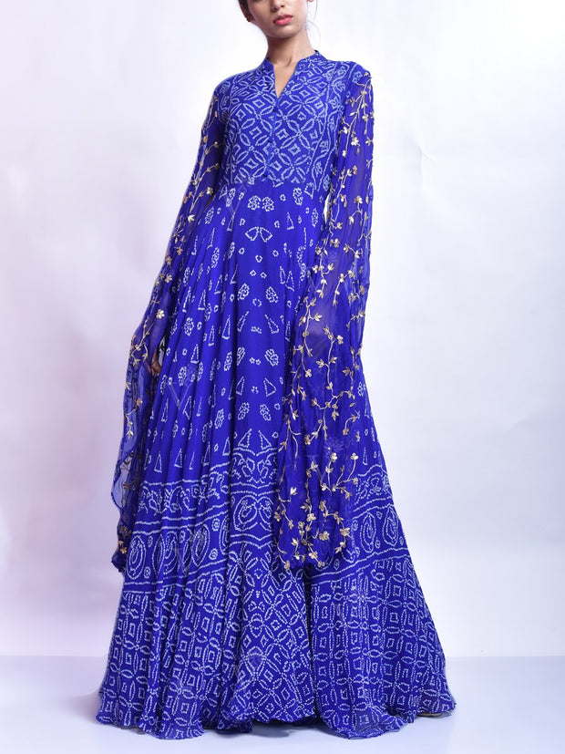 Blue Hand Crafted Bandhani Georgette Anarkali Gown