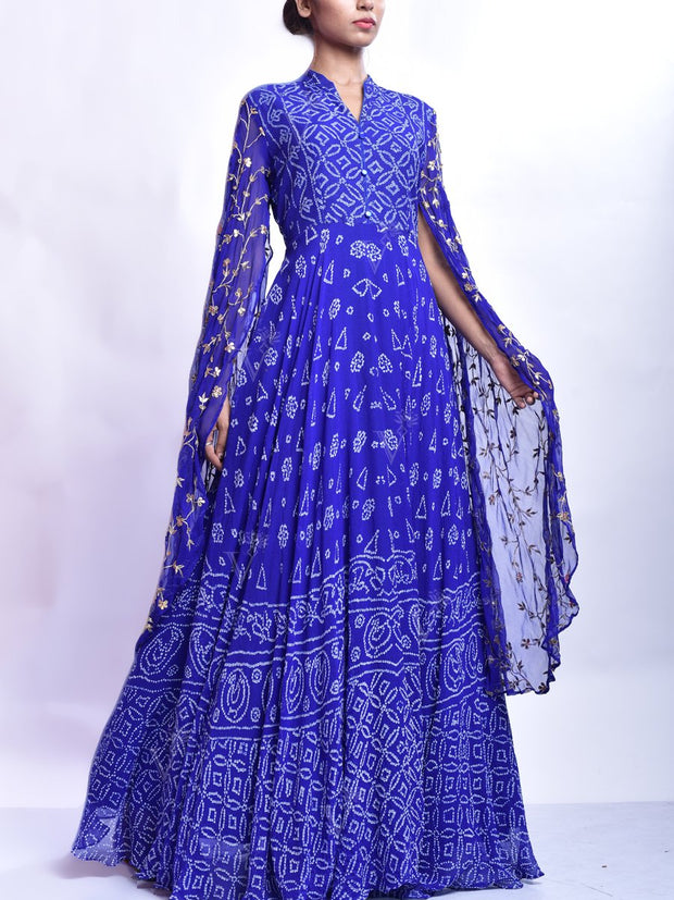 Blue Hand Crafted Bandhani Georgette Anarkali Gown