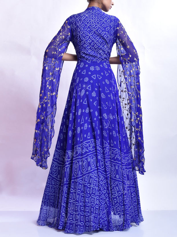 Blue Hand Crafted Bandhani Georgette Anarkali Gown