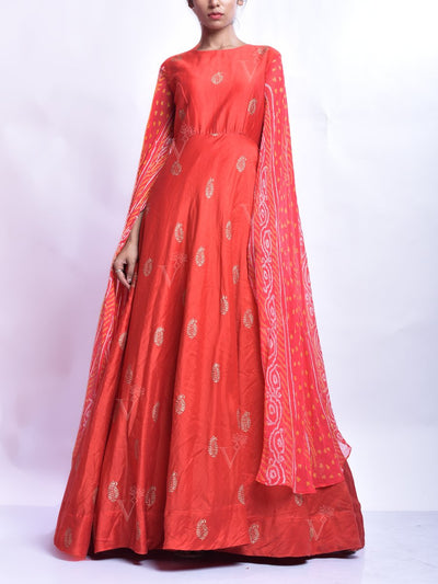 Anarkali, Anarkalis, Gown, Gowns, Anarkali suit, Printed, Bandhani print, Light weight, Silk, Silk gown, Silk anarkali, Party wear, Wedding wear, Festive wear, Traditional, Traditional wear, Traditional outfit, Rajasthani, Jaipuri, Chanderi gown, Chanderi anarkali, Chanderi