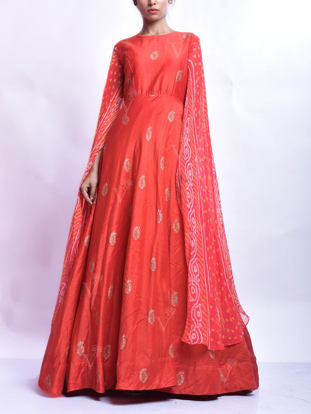 Anarkali, Anarkalis, Gown, Gowns, Anarkali suit, Printed, Bandhani print, Light weight, Silk, Silk gown, Silk anarkali, Party wear, Wedding wear, Festive wear, Traditional, Traditional wear, Traditional outfit, Rajasthani, Jaipuri, Chanderi gown, Chanderi anarkali, Chanderi