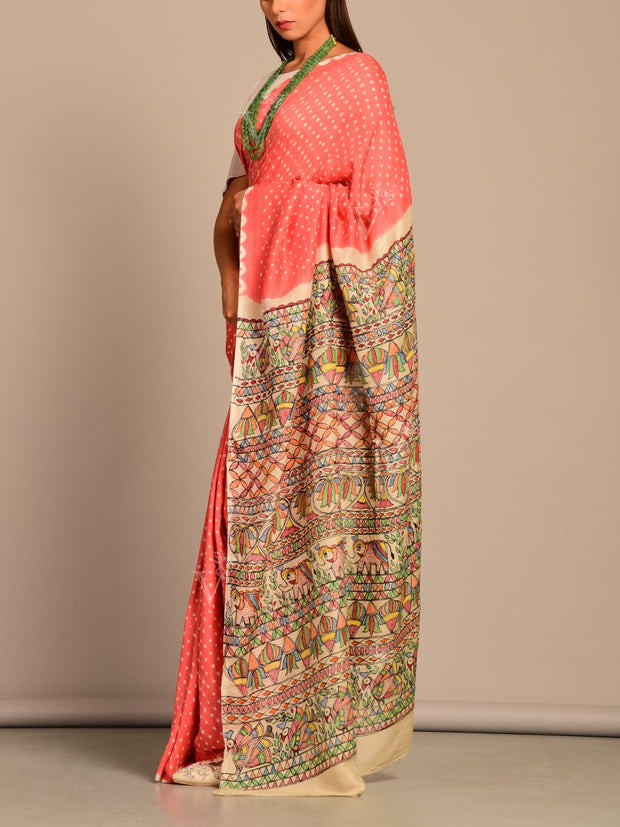 Limited Edition Peach Bhandej Madhubani Printed Silk Saree