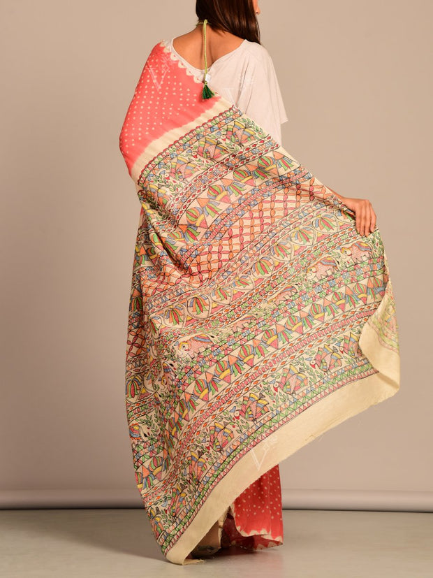 Limited Edition Peach Bhandej Madhubani Printed Silk Saree