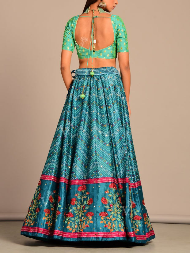 Blue Bandhani Silk Lehenga Set