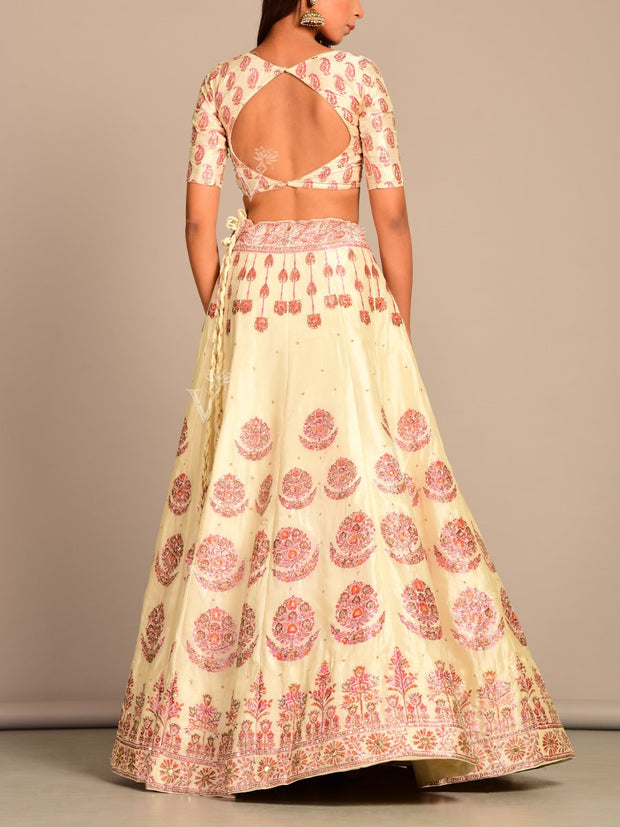 Off White Pearl Brush Handcrafted Lehenga Set