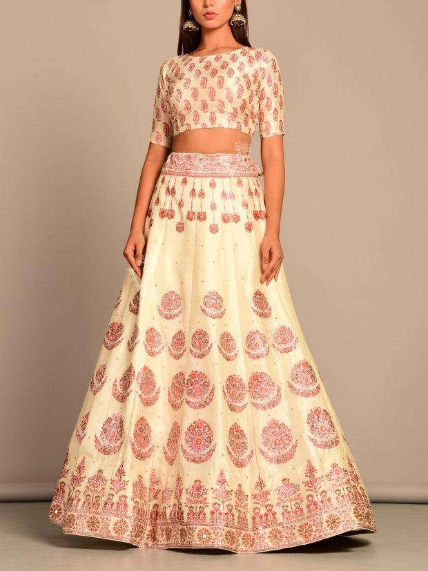 Off White Pearl Brush Handcrafted Lehenga Set