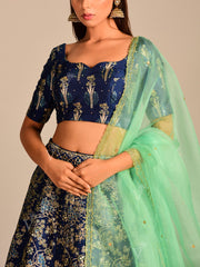 Deep Blue Pearl Brush Handcrafted Lehenga Set