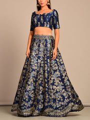 Deep Blue Pearl Brush Handcrafted Lehenga Set