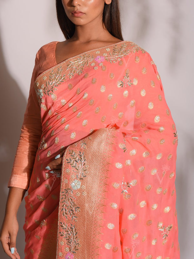 Peach Banarasi Gotta Patti Saree