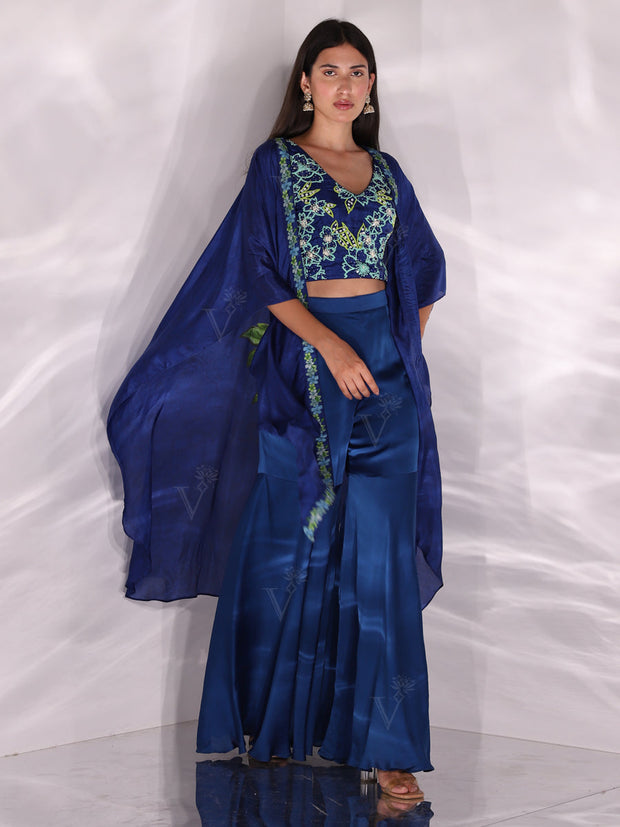 Indigo Blue Sharara Crop top Cape Set