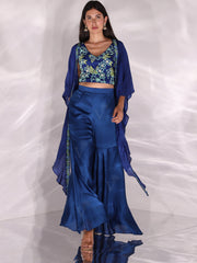 Indigo Blue Sharara Crop top Cape Set