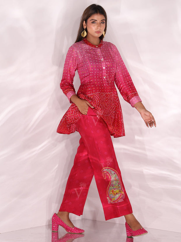 Red and Pink shaded Bandhani Co-ord set