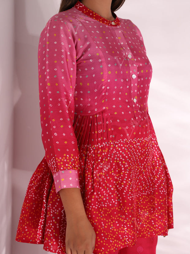 Red and Pink shaded Bandhani Co-ord set