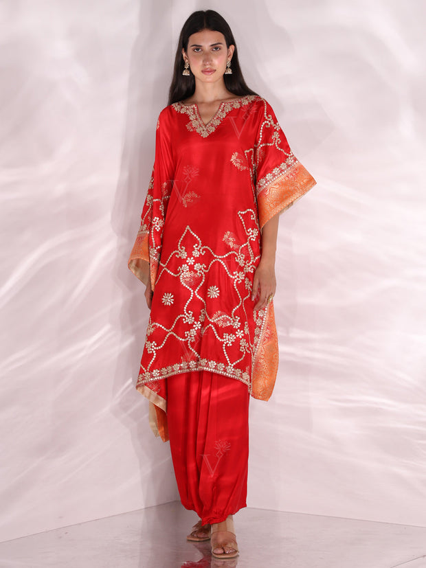 Red Dola Silk Kaftan Set