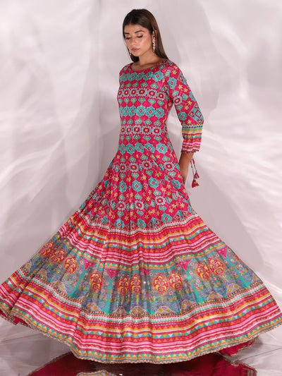 Magenta Pink Vasansi Silk Printed Anarkali Gown