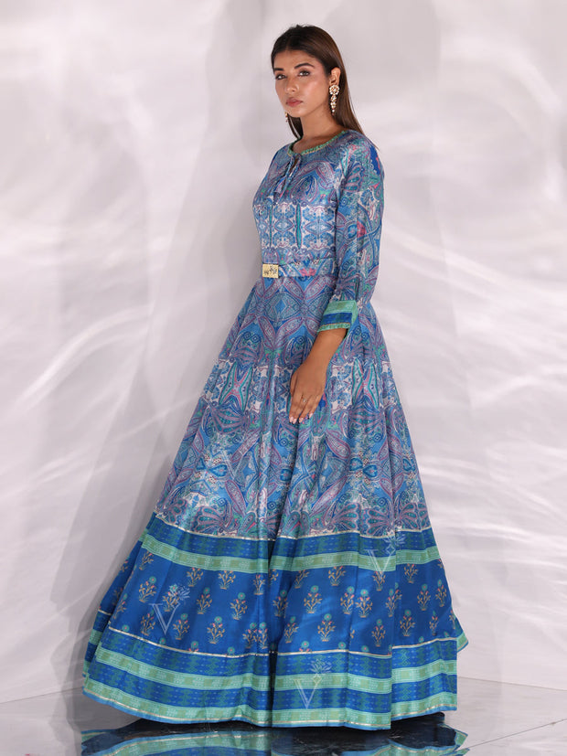 Blue Vasansi Silk Printed Anarkali Gown