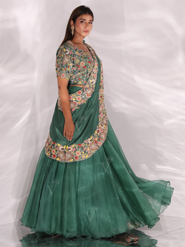 Green Organza Lehenga Set