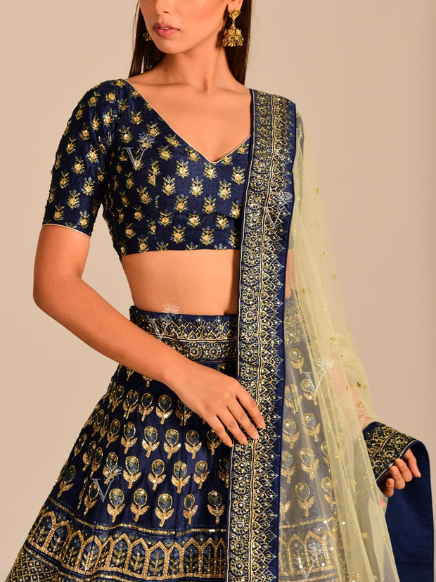 Blue Silk Pearl Brush Lehenga Set