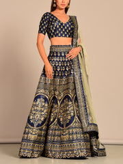 Blue Silk Pearl Brush Lehenga Set