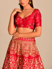 Red Silk Pearl Brush Lehenga Set