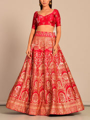 Red Silk Pearl Brush Lehenga Set