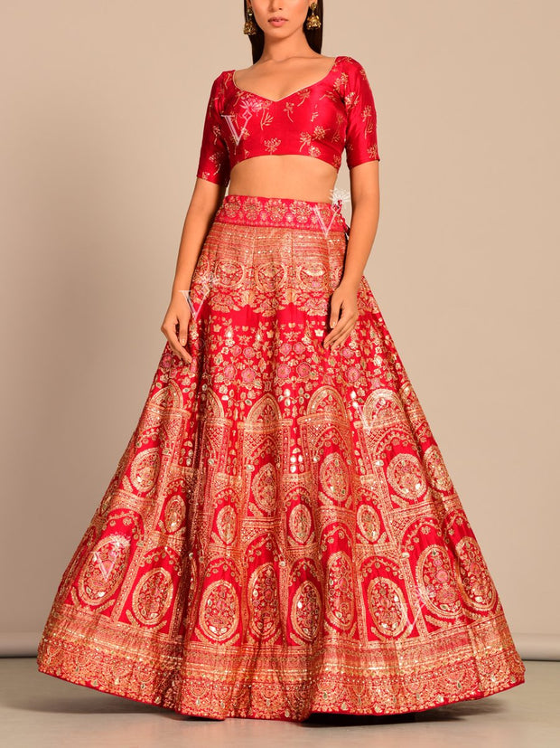 Red Silk Pearl Brush Lehenga Set