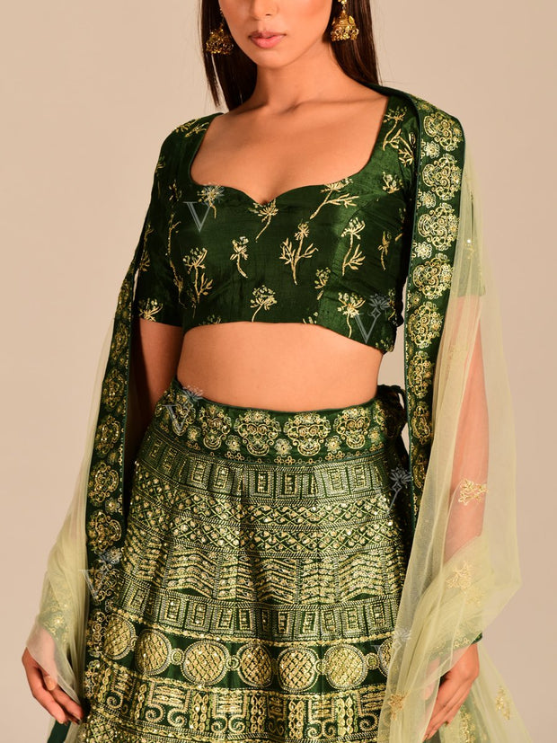 Bottle Green Pearl Brush Lehenga Set