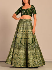 Bottle Green Pearl Brush Lehenga Set