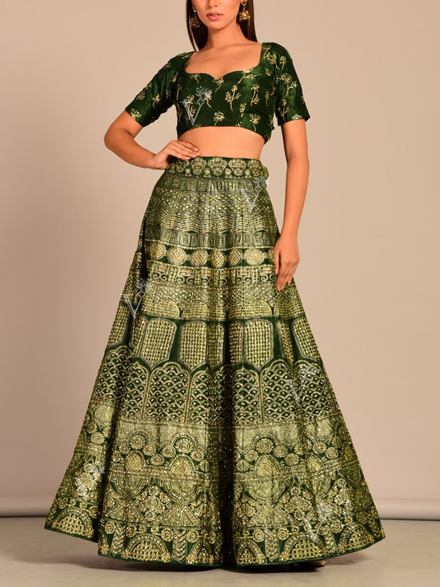 Bottle Green Pearl Brush Lehenga Set