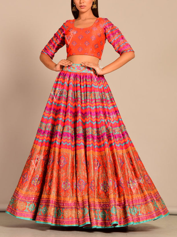 Multi Color Handcrafted Silk Lehenga Set