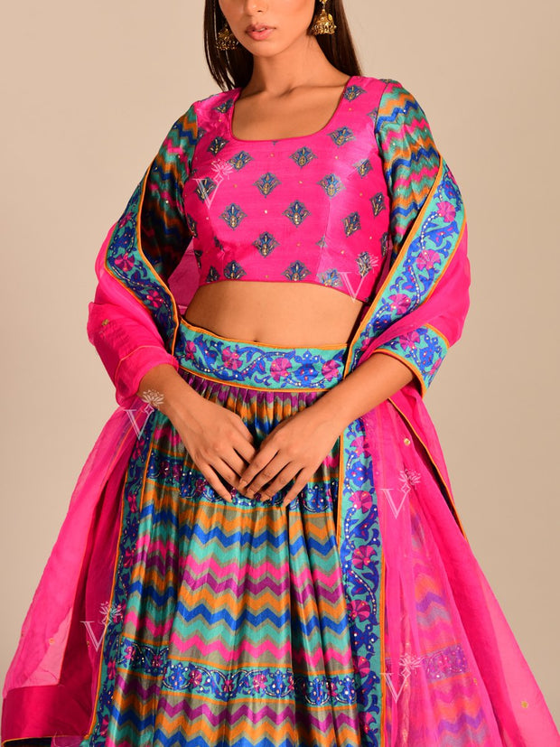 Multi Color Handcrafted Silk Lehenga Set