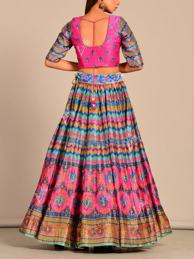 Multi Color Handcrafted Silk Lehenga Set