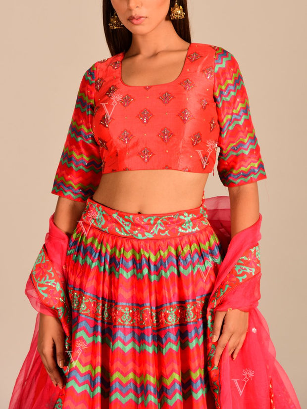 Multi Color Handcrafted Silk Lehenga Set