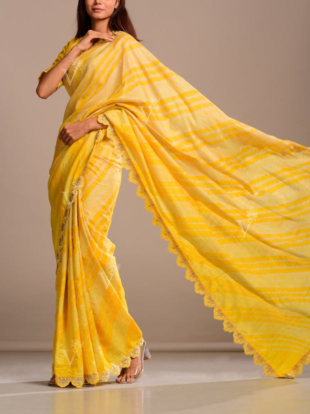 Butter Yellow Silk Leheriya Tussar Silk Saree