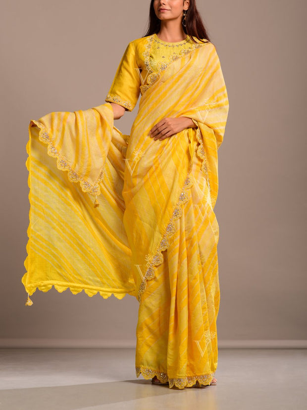 Butter Yellow Silk Leheriya Tussar Silk Saree