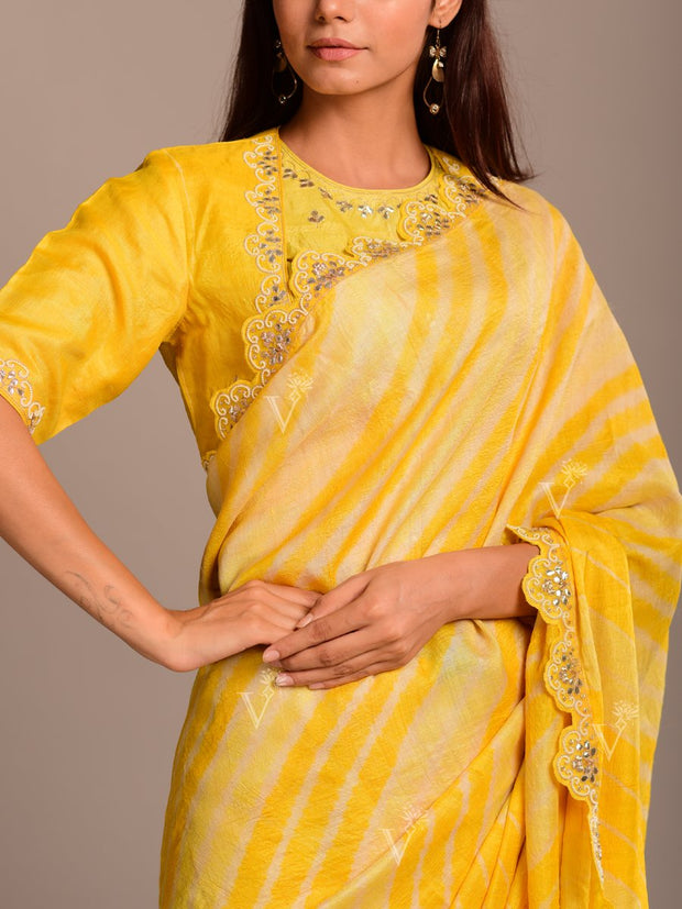 Butter Yellow Silk Leheriya Tussar Silk Saree