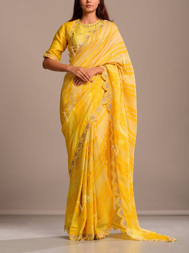 Butter Yellow Silk Leheriya Tussar Silk Saree